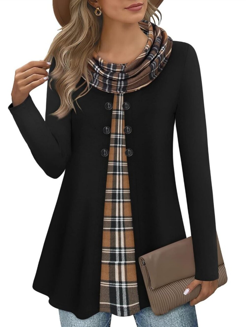 Cozy Long Sleeve Cowl Neck Tunic Top with Buttons - Warm Splicing Design for